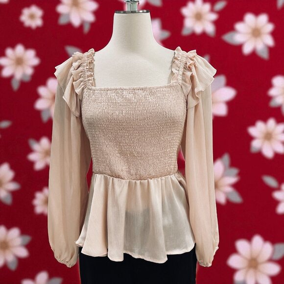 Entro Blush Smocked Peplum Top Long Sleeve Ruffle Sheer Sleeve Cottagecore - Picture 1 of 11